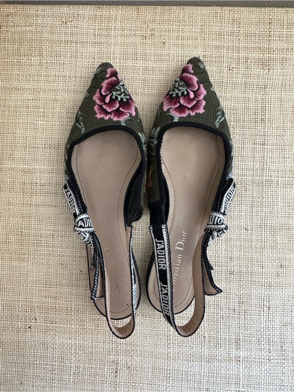Dior Olive Embroidered Floral Slingback Flats with Pink Blooms - Picture 3 of 8